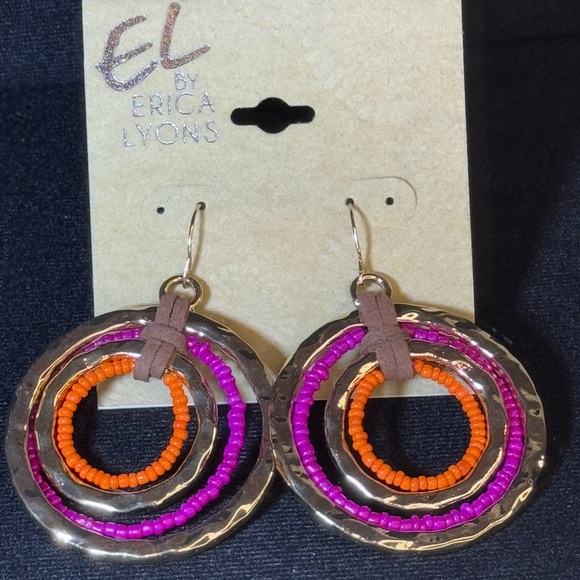 Erica Lyon Gold Pink Orange Rings Dangling Hook Earrings 2.5 inch - Picture 7 of 7
